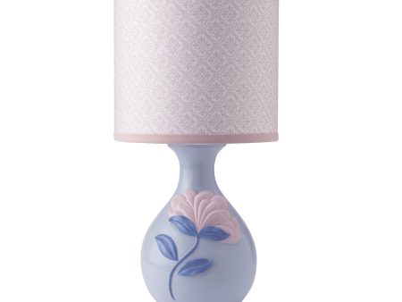 Lambs & Ivy Mackenzie Lamp: A beautifully shaped lamp base is decorated with a lovely sculpted pink flower and has a pretty patterned shade - 593024B Online now